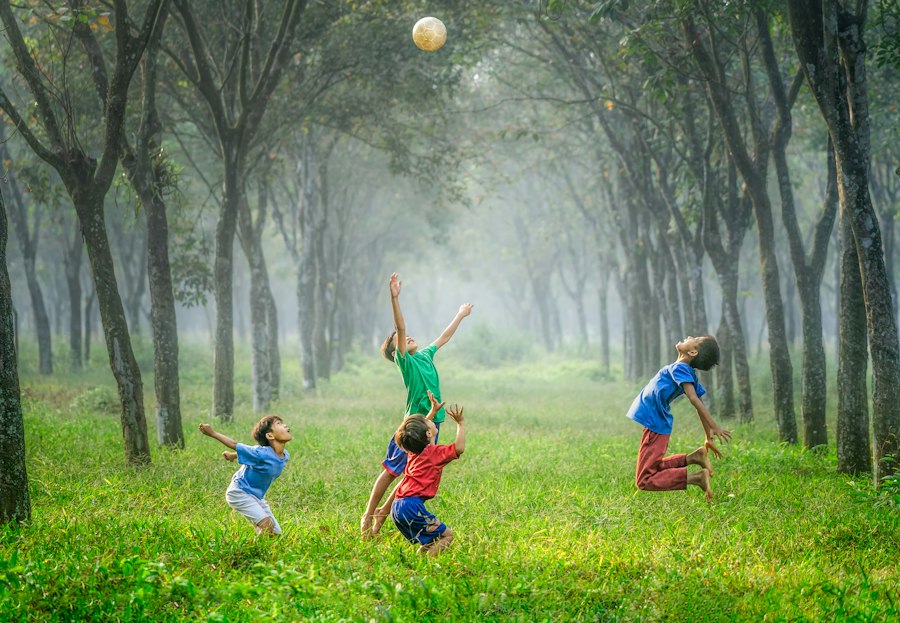 Children playing ball on green grass between trees